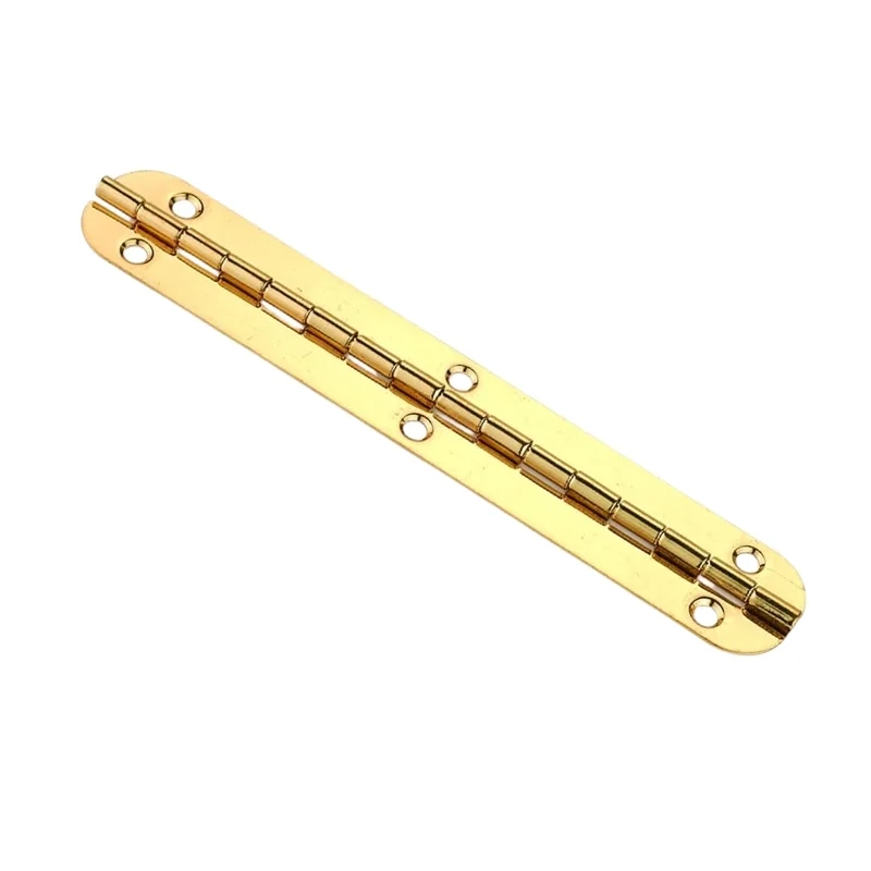 Figure 16 — Reference photograph of a heavy-duty brass continuous (piano) hinge — the rear-face hinge that spans the box's horizontal split line. The 3/4″ × 7″ size called out in the BOM is a stock item at Roc…