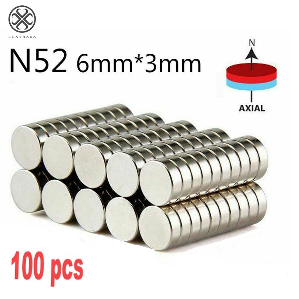Figure 7 — Reference photograph of N52-grade neodymium disc magnets, 6 mm × 3 mm (the BOM calls for 6 mm × 2 mm — same width, slightly thinner — but 6 × 3 is a more common stock size and works equally well wi…