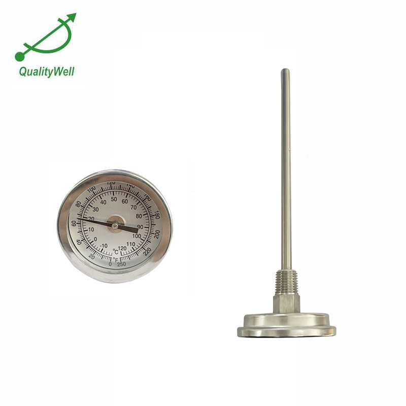 Figure 14 — Reference photograph of a 2″-dial back-entry bimetal process thermometer — the class of instrument specified for the top-dead-center boss. 2″ dial, 1/2″ NPT mount, 50–550 °F range; McMaster #3825K5…