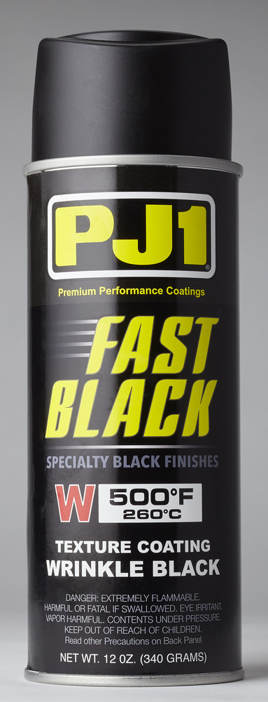 Figure 18 — Reference photograph of the PJ1 Fast Black Wrinkle/Texture spray paint product — the motorcycle-supply paint Adam Savage used on the Tested black-crackle box and the one called for in §6A. The wrin…